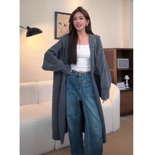 HUOTONG慵懒风连帽长款过膝针织开衫女秋冬加厚宽松显瘦外套大衣