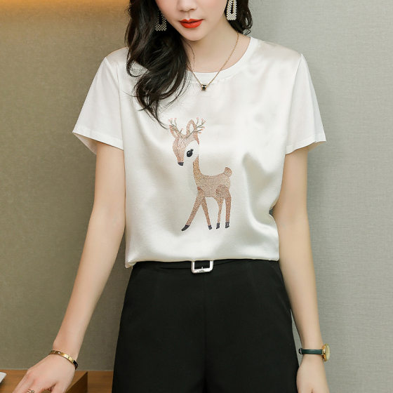 White Silk T-shirt Women's 2025 Summer Loose Korean Style All-match Stitching Cotton Small Shirt Mulberry Silk Short-sleeved Printed Top