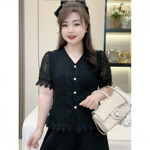 Plus Size Women's Clothing 2025 Summer Fat Girl Fashion Cut Out Lace Age-Reducing Small Fragrance Versatile V Neck Top