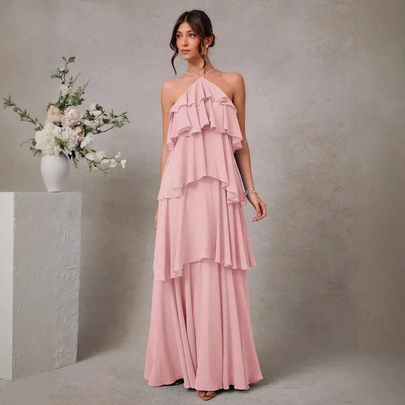 Halter neck chiffon evening dress for women, layered ruffle, backless, long gown for weddings and banquets, slim fit, elegant long dress Halter neck chiffon evening dress for women, layered ruffle, backless, long gown for weddings and banquets, slim fit, elegant long dress