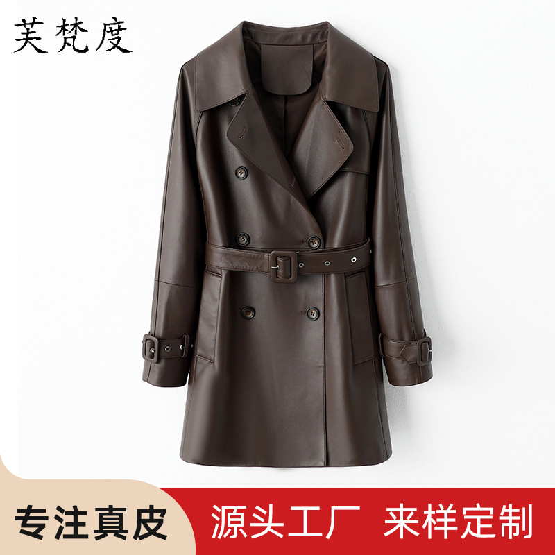2025 New Autumn and Winter Genuine Leather Jacket for Women, Long Classy Goatskin Outwear, Women's Windbreaker, Work Clothing Style