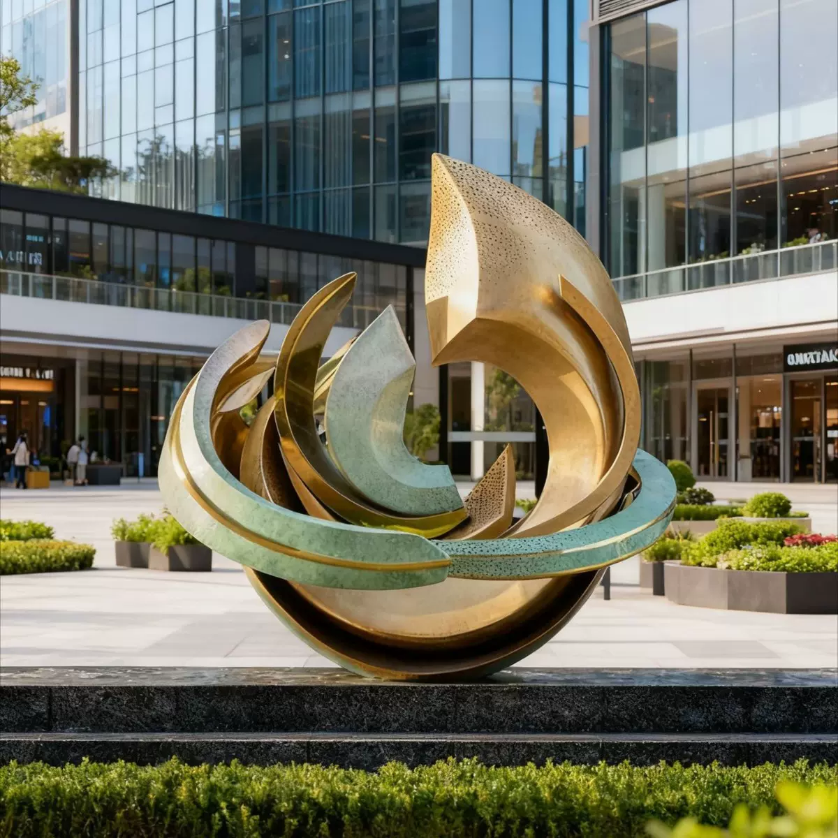 抽象造型景观雕塑：不锈钢材质融合翡翠绿配色，成商区广场与高端