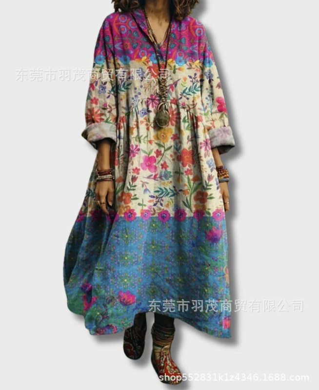 2025新款独立站女式复古花卉艺术图案印花口袋V领口袋连衣裙2|undefined