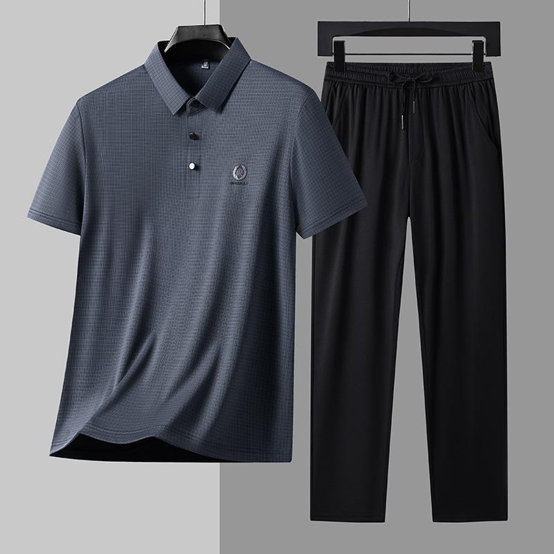 Hot-Selling 2026 Summer Men's Short-Sleeve T-Shirt Set, Middle-Aged Business Lapel Polo Shirt, Ice Silk Casual Pants Two-Piece Set