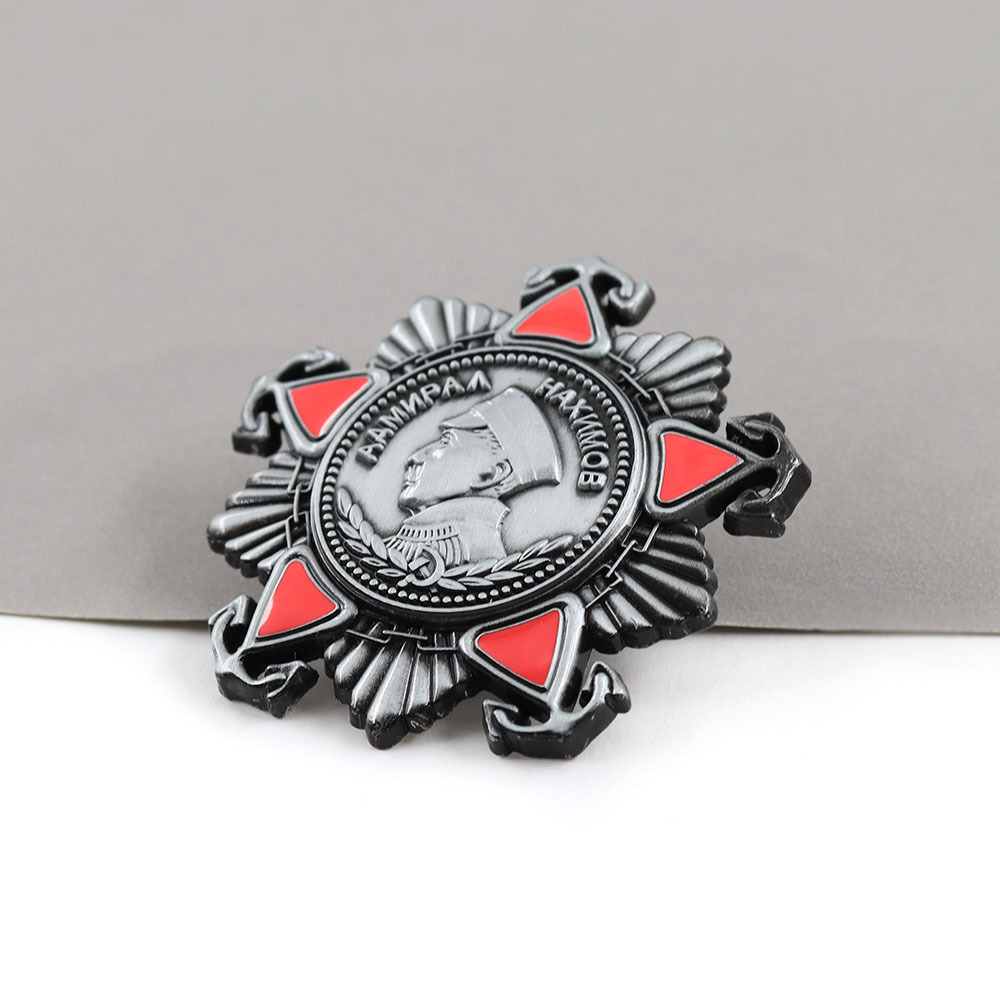 Replica of the Soviet Nakhimov Medal, Vintage Distressed Craftsmanship, Red Enamel Commemorative Badge Collection Pin