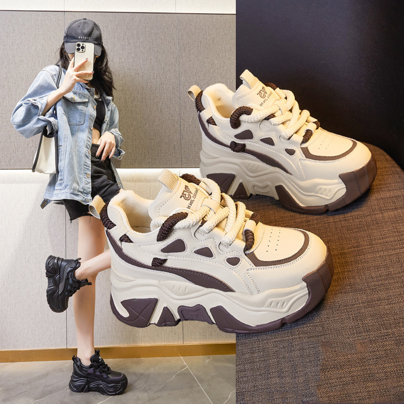 Genuine Leather Sponge Cake Thick Soled Dad's For Women In Autumn 2024, New Round Toe Lace Up Inner Height Increase_voghion.com