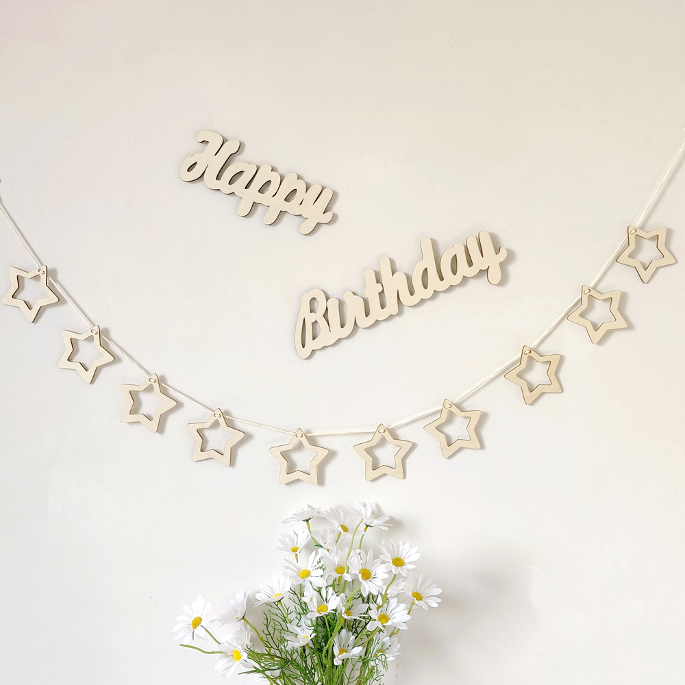 INS-style Birthday Party Decor: Wall-Mounted Foresty Wood-Star & Cherry Blossom String for Party Backdrop