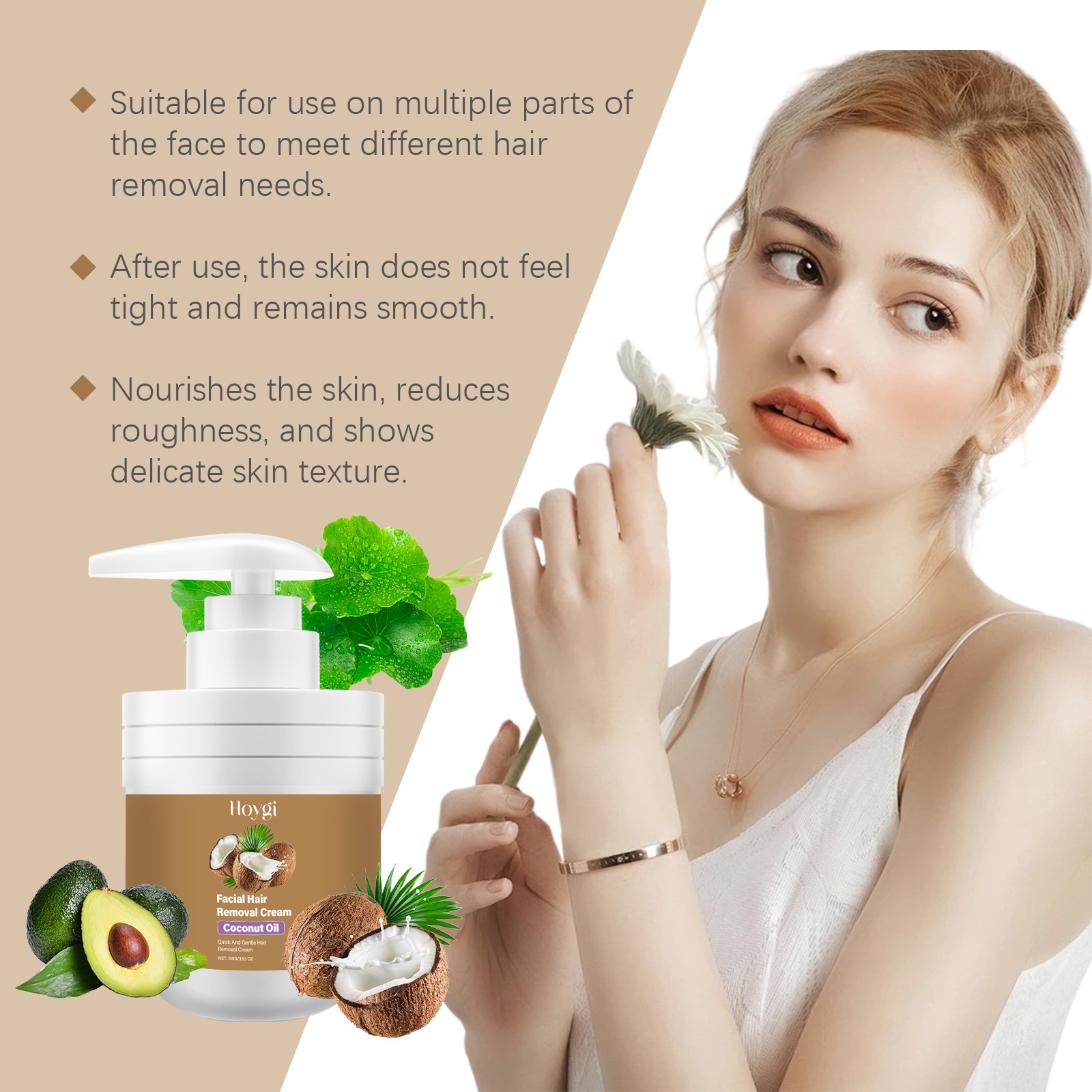 HOYGI Coconut facial gentle hair removal cream Facial hair removal men and women lips and beards are gentle and not irritating 2