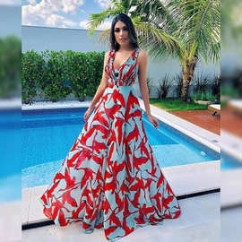 2022跨境外贸潮流女装速卖通纯色时尚流行花纹中腰香风法式连衣裙