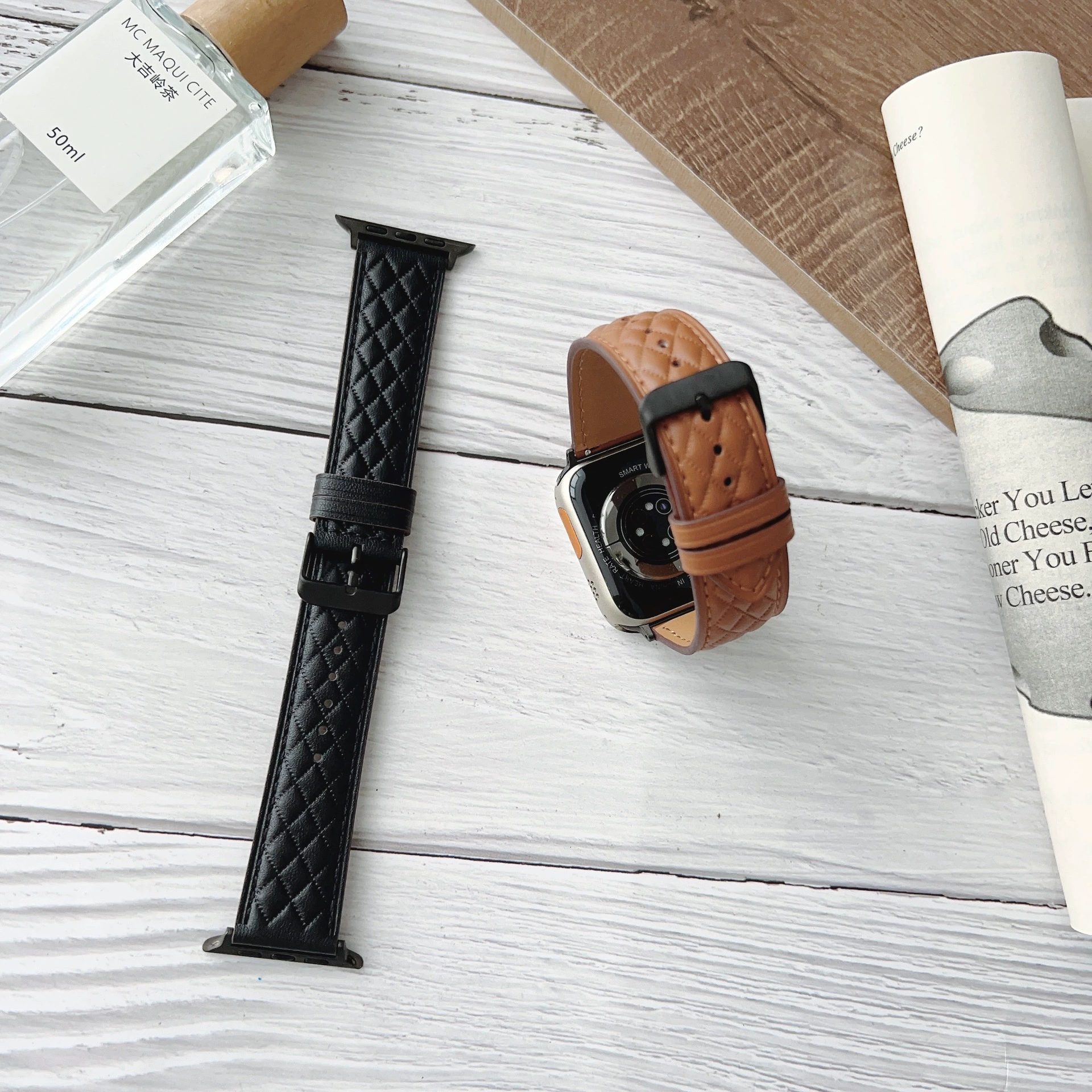 Подходит для Applewatch7 заголовок кожаный ремешок, маленький благовоний ветер ромб Apple watch iwatch1-8 поколение SE