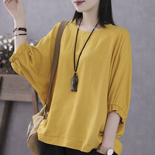 2026 summer new style literary plus size women's clothing for fat mm to cover belly and look slimming bat sleeves five-quarter sleeve top women's T-shirt