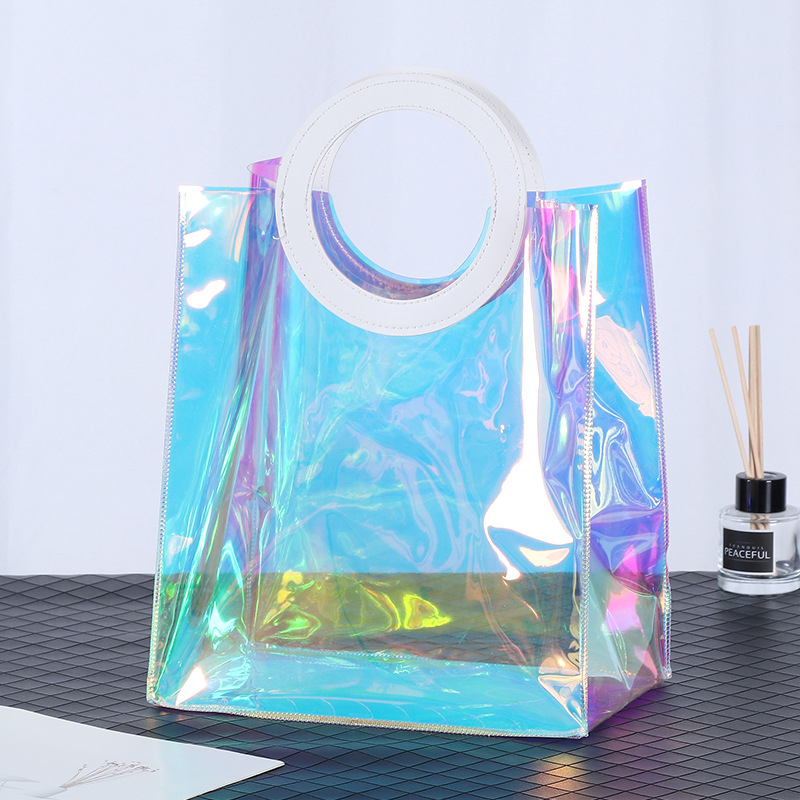 PVC镭射幻彩手提包圆环 炫彩沙滩包礼品包 镭射购物单肩包手提式