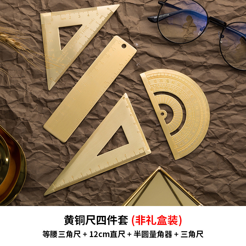 Ciano retro latón metal regla set triangular medidor de ángulo semicircular regla recta regalos personales