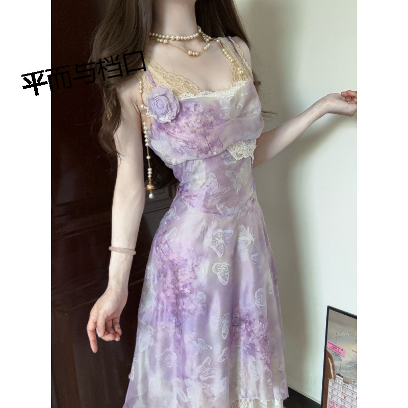 Resort Style Purple Smudged Floral Lace Splicing Suspender Dress, Super Beautiful and Beautiful Waist-Cinching Long Skirt
