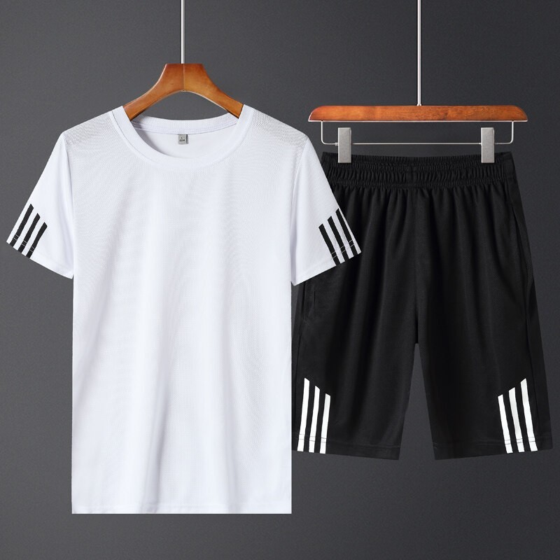 Traje deportivo transfronterizo de verano de secado rápido para hombre, conjunto de pantalón corto y camiseta de manga corta, traje de tres rayas personalizado para comercio exterior, conjunto de dos piezas de talla grande para hombre