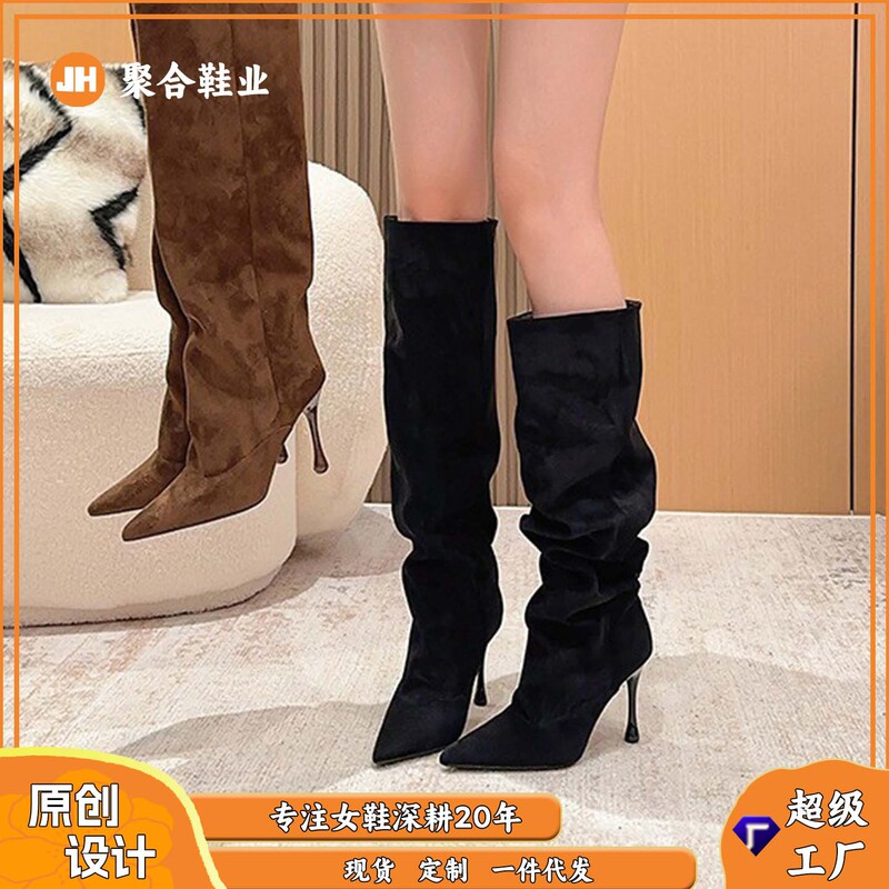 3773-5 High-Heeled Pointed Toe Versatile Stacked Boots Long Tube Women's Shoes 2025 Autumn and Winter New Fabric Slimming Riding Boots