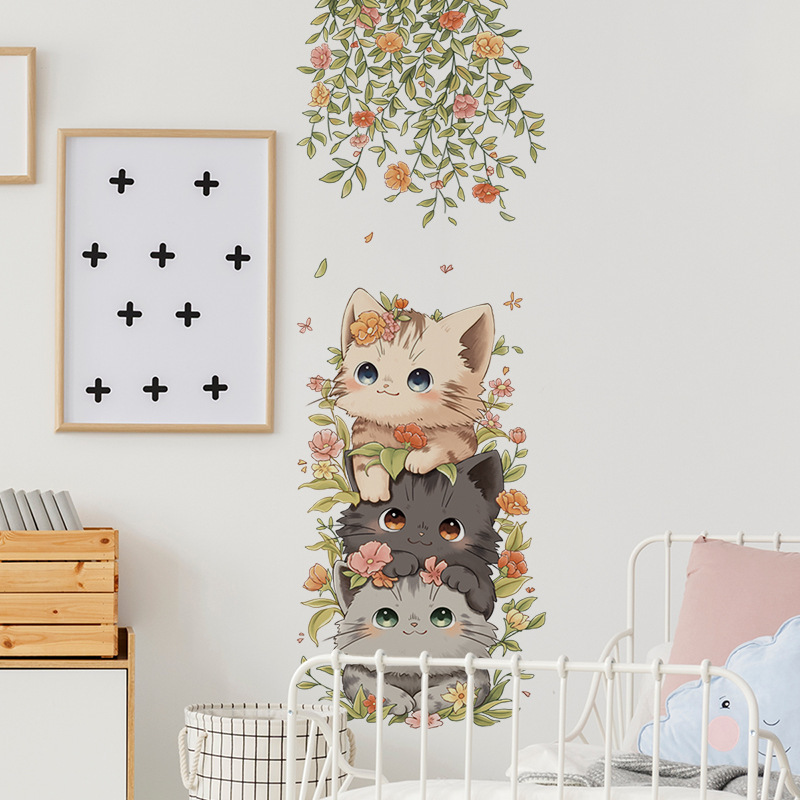 Flower Vine wall stickers cartoon cute cat decorative stickers bedroom sofa background wall gem eye contact wall stickers