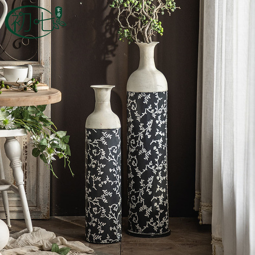 Living Room Hotel Entrance Decorative Pieces, Boutique Inn Illustration Round Bottles, American Ironwork Printed Retro Floor Vase