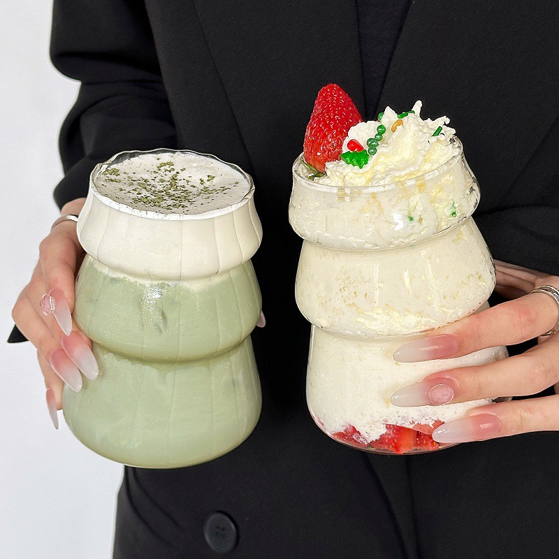 Niche retro vertical taza de cristal de árbol de Navidad taza de café taza de jugo taza de bebida fría con paja