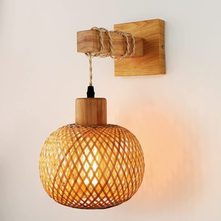 Retro Japanese style bamboo bedside wall lamp dining room rattan lamp wooden bedroom farmhouse country indoor background wall lamps