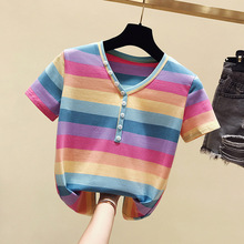 短袖女2021新款潮ins夏季v领上衣设计感小众心机修身彩虹条纹t恤