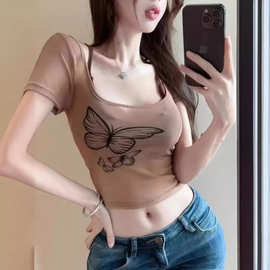 工厂现货纯欲性感辣妹蝴蝶网纱短袖T恤女u领正肩紧身收腰夏季上衣