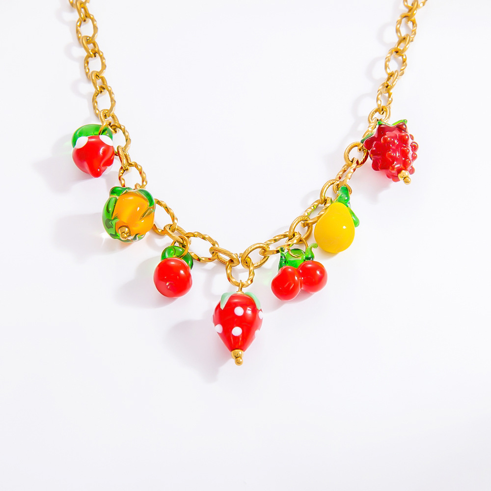 17g Weight PVD Coated Gold Plating Process 18K Gold Plated Plating Material Glass, Titanium Steel Pendant Material Pendant Necklace Classification Titanium Steel Chain Material Beaded Chain, Paperclip Chain, cable chain Chain Type 1 Piece Quantity Casual, Daily Occasion Glass, Titanium Steel Material Cherry, Heart Shape, Strawberry Pattern Women's Gender Plating Design Cute Style Gold Color Cute Cherry Heart Shape Strawberry 18K Gold Plated PVD Coated Glass Titanium Steel Beaded Chain Paperclip Chain Cable Chain Pendant Necklaces Wholesale 14