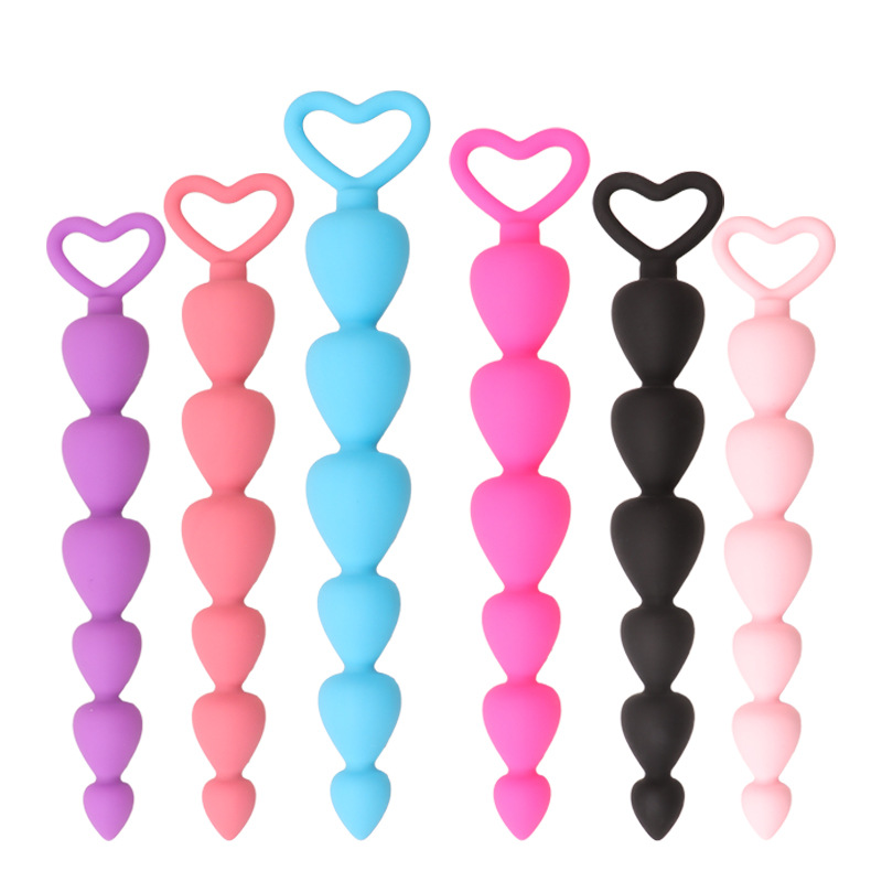 Silicone Heart-Shaped Anal Beads Plug, Berry Colour, Manual Non-Vibrating Design — detail image 10