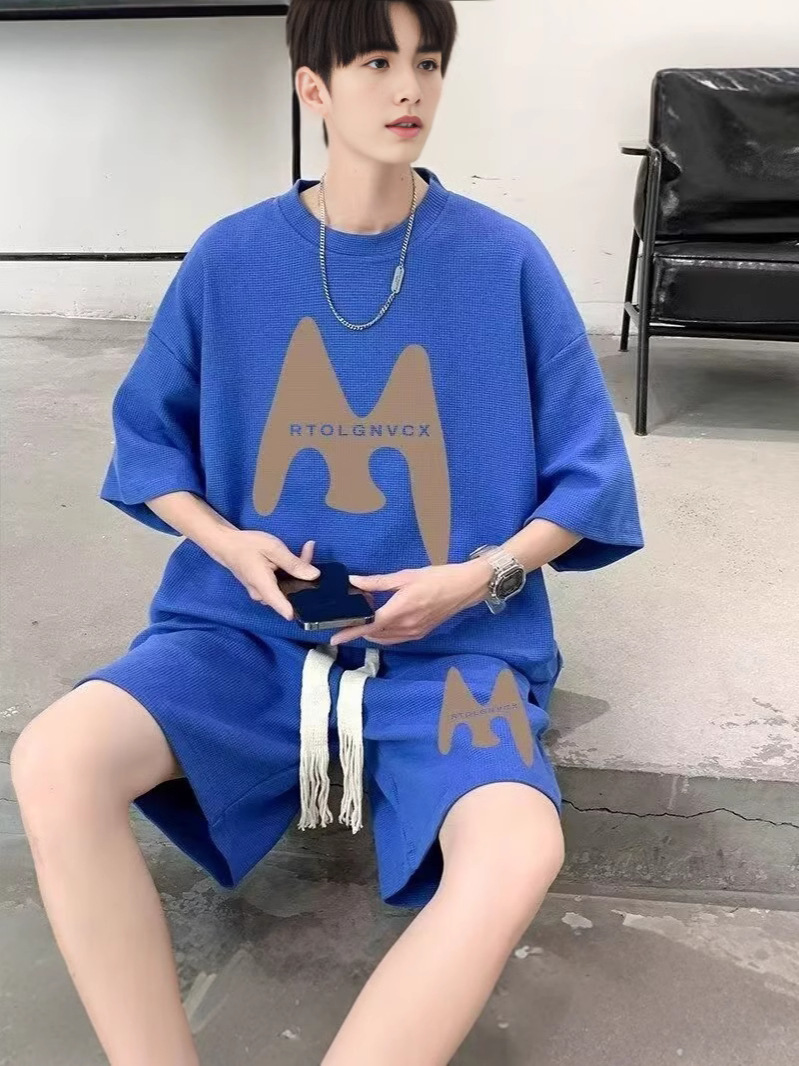 Camisas menos ropa verano para hombres nuevo waffle traje de manga corta deportes casuales de dos piezas en uno guapo y suelto