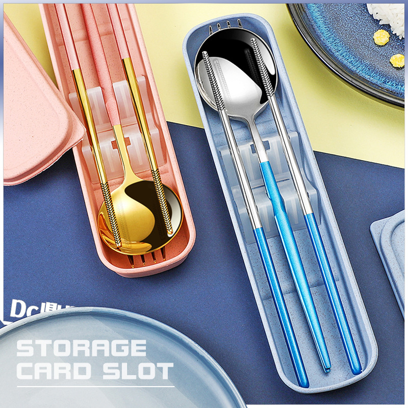 Juego de vajilla portátil de acero inoxidable Portugal palillos horquilla palillos viaje conjunto de tres piezas conveniente vajilla Net rojo regalo cuchara