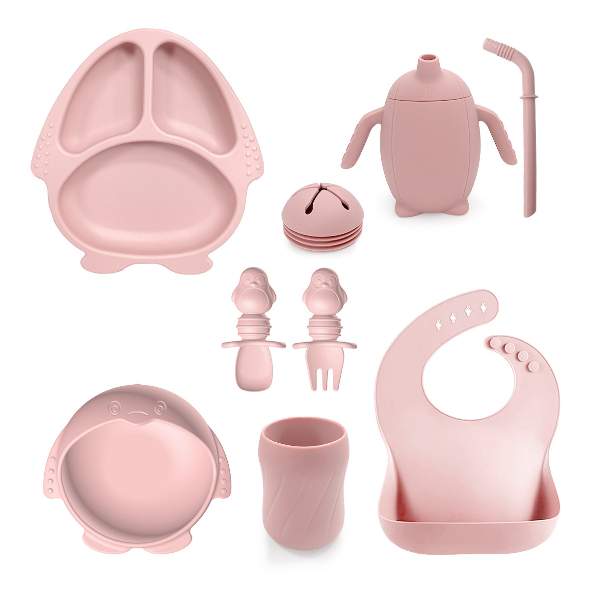 2024 nuevos productos para niños platos de silicona cubiertos suplemento platos cucharas pingüino platos de ocho piezas conjunto de suministros para madre y bebé
