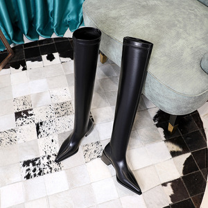 009-22 European and American fashion pointy toe thick heel knee high boots appear thin and versatile elastic thin boots 