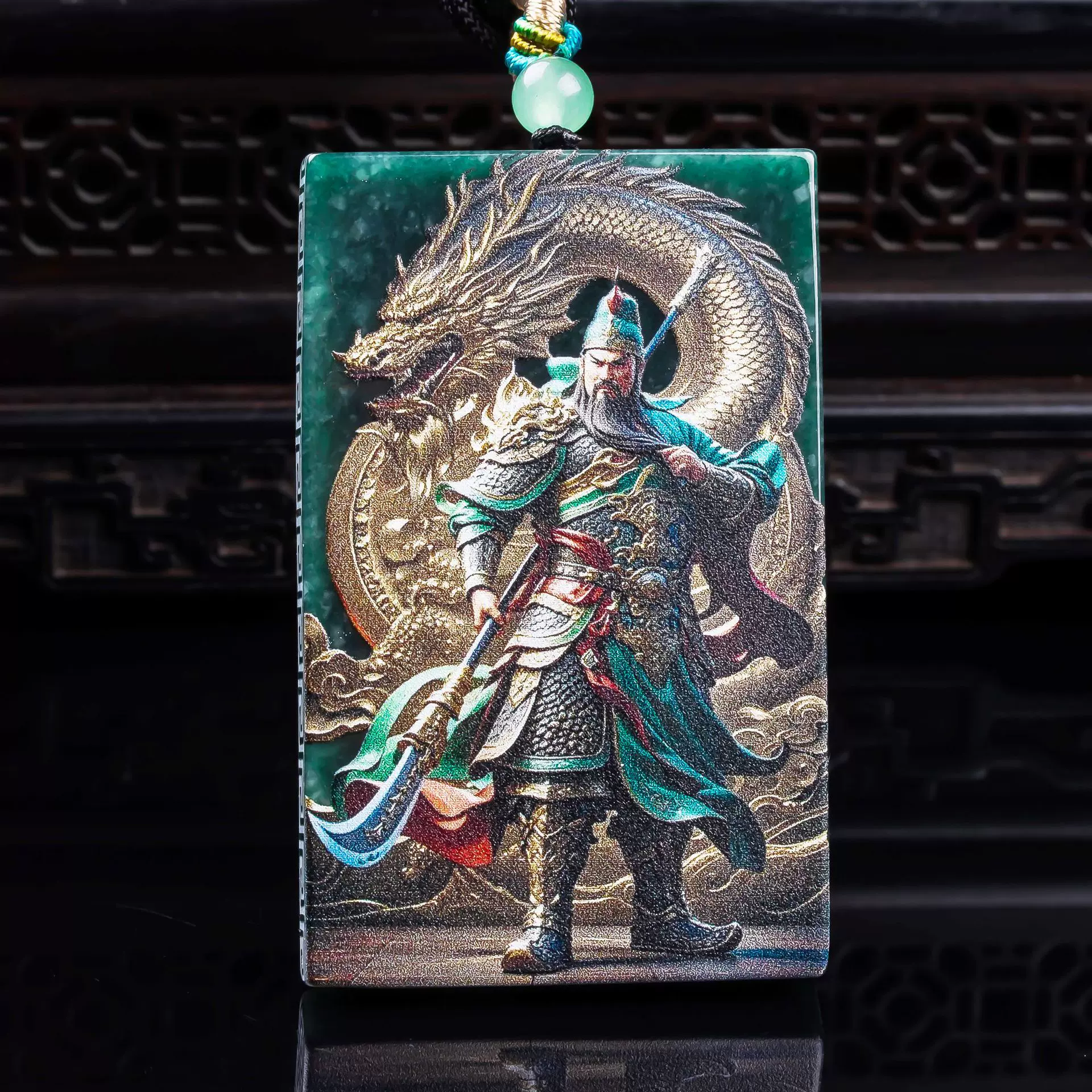 天然A货翡翠关公蓝水双面精工超清喷绘高冰玉石吊坠挂件玉佩玉美