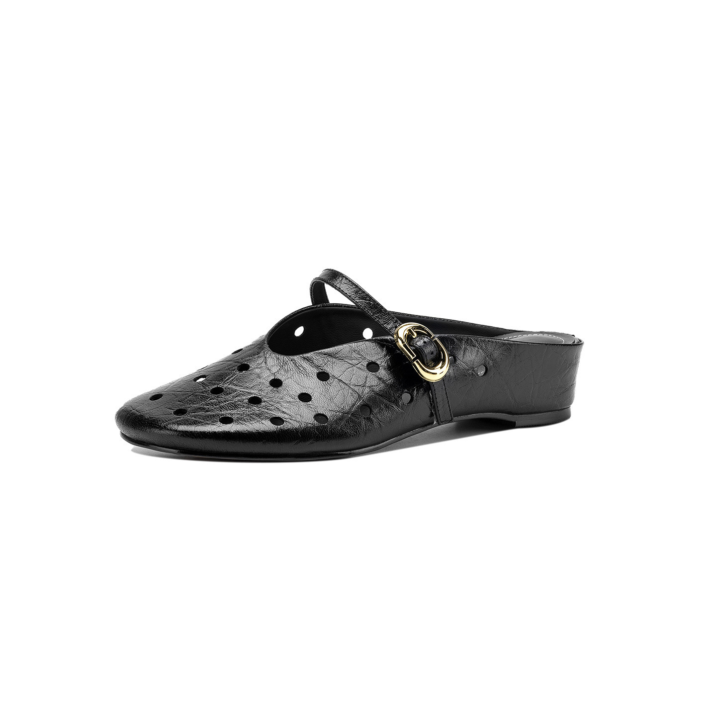 Sandal nữ da dê đục lỗ mũi trùm quai ngang hở gót — đen chi tiết 24