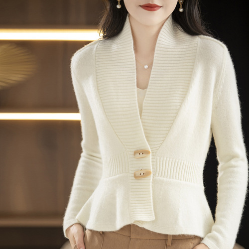 French-style women's autumn clothing, stylish leaf edge waist-cinching slimming solid-color knit sweater jacket