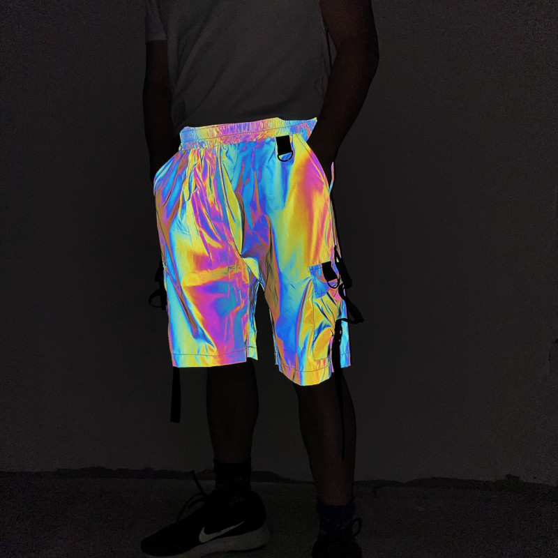 Trendy Brand Design Sense Colorful Reflective Tooling Shorts Men's Summer New Loose High Street Hip Hop Wide Leg Pants
