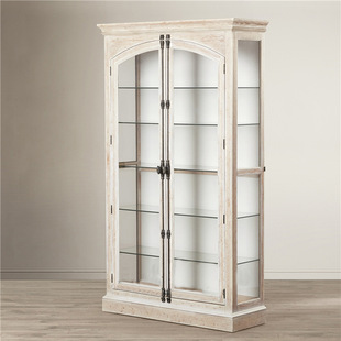 French Oak Weathered White Display Cabinet European Solid Wood Retro Glass Wine Cabinet American Double-Door Sideboard Meal Preparation Cabinet