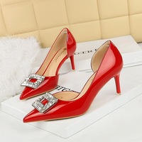 638-AK50 banquet high-heeled shoes with thin heels, shallow mouth, pointed toe, patent leather, side hollow out rhinestone high heels, single shoes for women