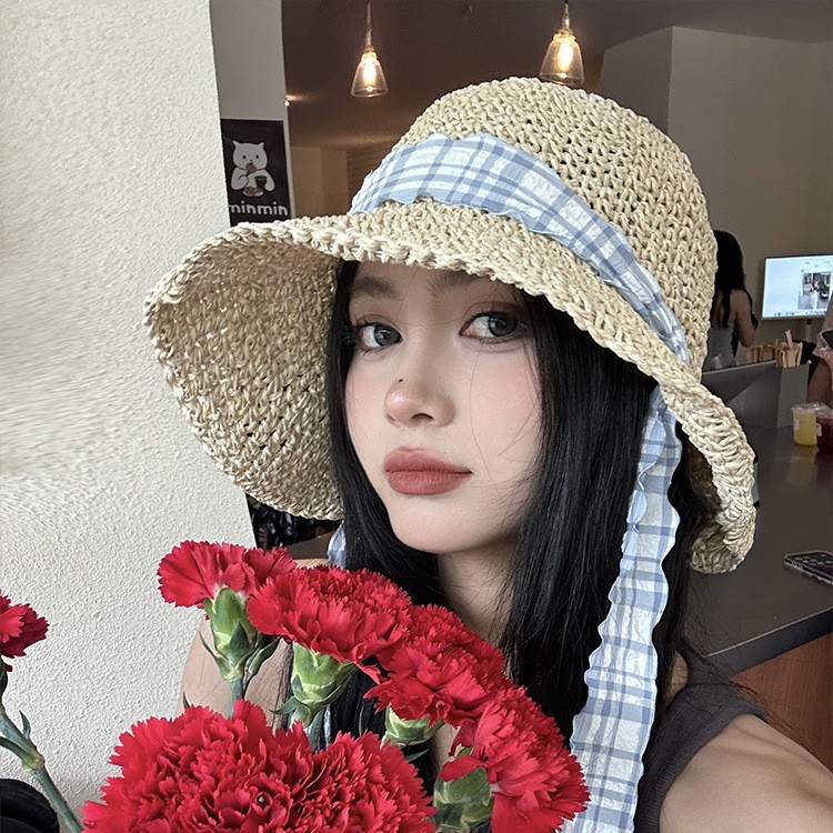 Japón cola de pescado correa de tela plegada gorra de paja de verano mujer protección solar vacaciones de playa sombrero de pescador sombrero