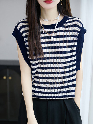 New summer thin 100% Lysel tensel knitted shirt hollow round collar color matching cool T-shirt
