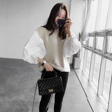 2020韩国秋装外贸爆款圆领休闲上衣衬衫灯笼袖女式拼接卫衣打底衫