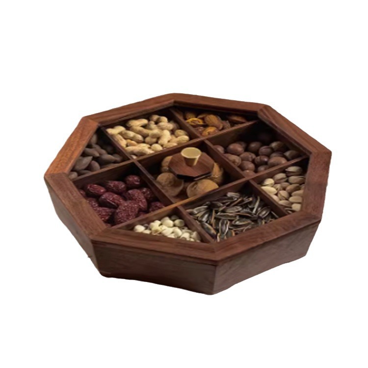 Nogal negro madera maciza octogonal Placa de fruta seca Sala hogar simple caja china compartimiento a prueba de humedad hogar sala de estar comedor caja de frutas