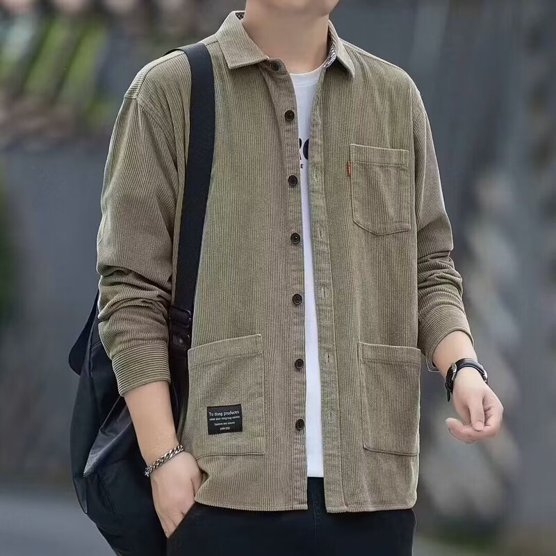 Spring and Autumn Corduroy Long-Sleeve Shirt for Men, Loose Casual Workwear with Multiple Pockets, Durable Trendy Youth Shirt Top Spring and Autumn Corduroy Long-Sleeve Shirt for Men, Loose Casual Workwear with Multiple Pockets, Durable Trendy Youth Shirt Top
