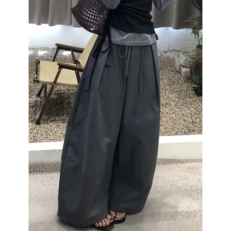 韩系女时尚撞色拼接假两件长袖上衣2025春秋款系带收腰阔腿裤套装|undefined
