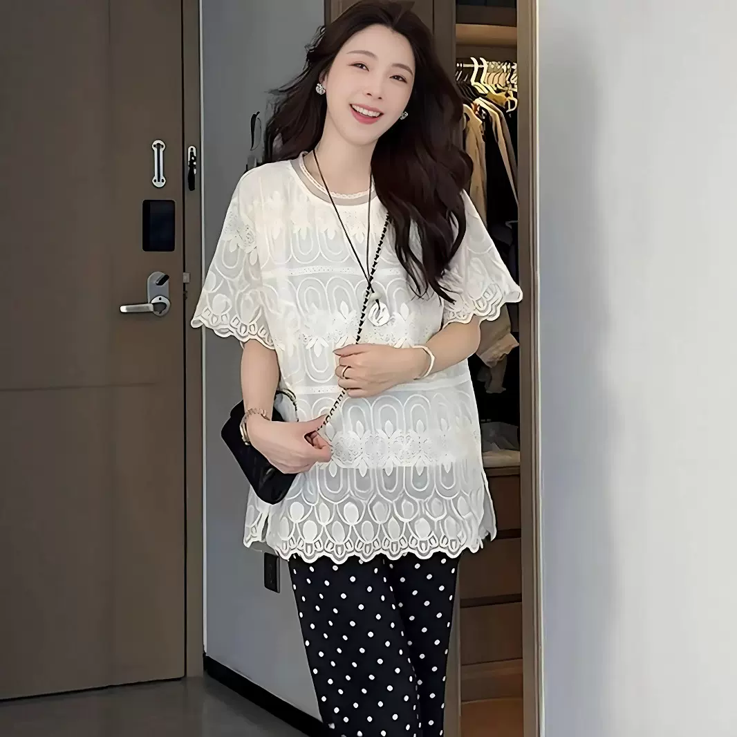 白色刺绣短袖蕾丝雪纺衬衫女2025新款夏季小衫薄款轻奢高级感上衣