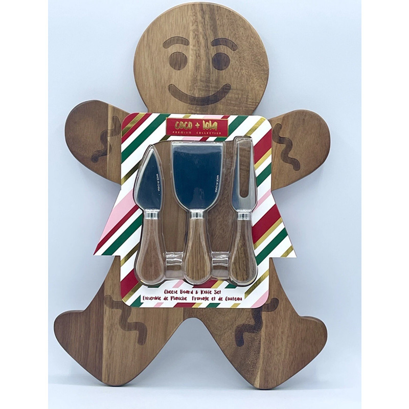 Cross-Border Acacia Wood Gingerbread Man Cheese Board with Knife and Fork Set, Creative Christmas Cutting Board Tray, Customizable Logo
