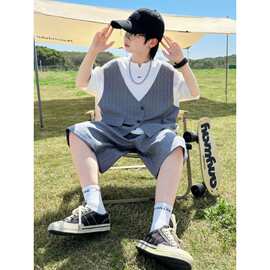 男童夏装套装2026新款中大童夏季男孩演出服儿童西装马甲假两件潮