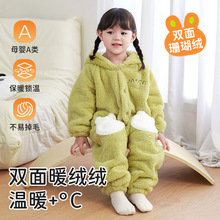 宝宝卡通家居服秋冬加绒加厚儿童睡衣保暖连体衣连帽珊瑚绒外套