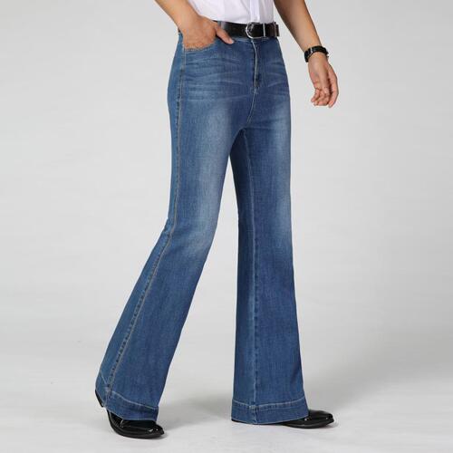 Summer Men's Denim Mid-Waist Big Bell-bottom Jeans with Micro-elastic Denim Bell-bottom Trousers, Fitted Cotton Elastic Wide-leg Pants