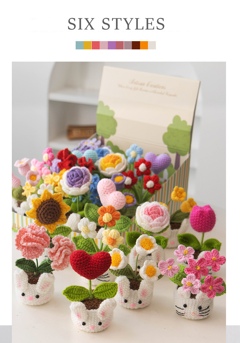 Wholesale of cross-border new handmade small potted flower crocheted artificial flower decorative ornaments, finished knitted potted plants pic 3